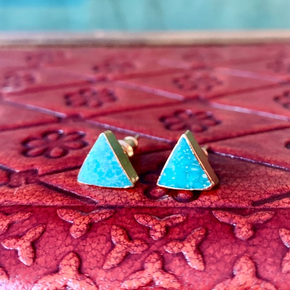 Genuine Turquoise 14k Plated Gold Triangle Studs - Picture 8 of 8